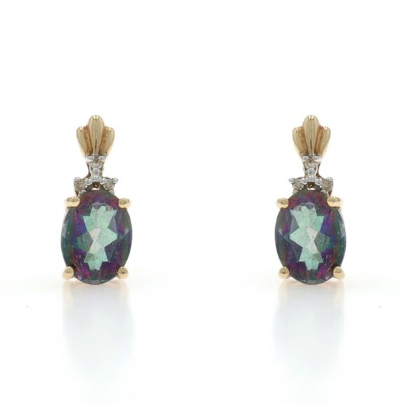 Yellow Gold Mystic Topaz Diamond Short Drop Earrings - 10k Oval 3.22ctw Pierced